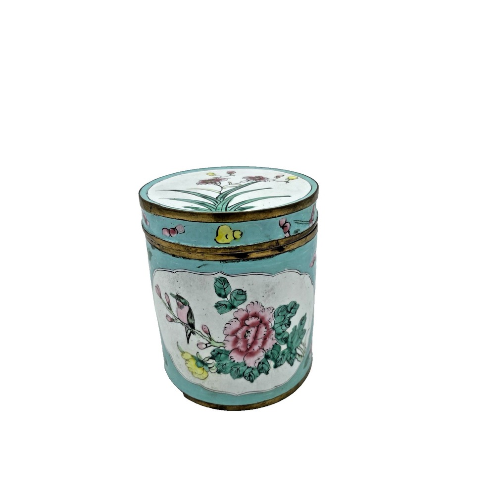 Antique Chinese Canton Enamel Round Lidded Tea Caddy‎ Hand-Painted Birds Flowers